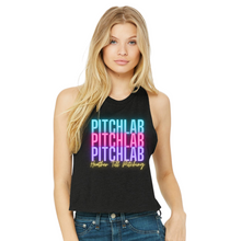 Load image into Gallery viewer, PitchLab Neon Stacked Bella + Canvas Racerback Cropped Tank
